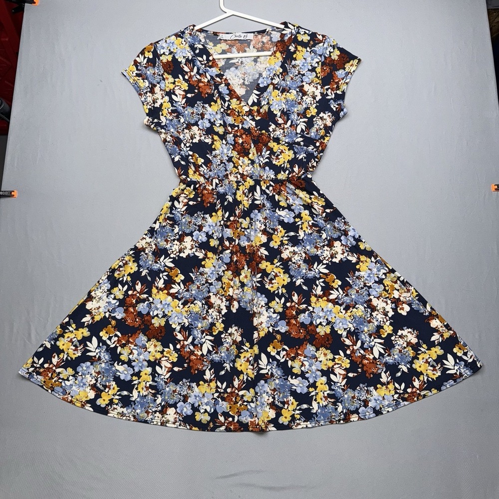 Chetta B Women's Shortsleeve Orange Blue White Floral Wrap Top Dress Size Small